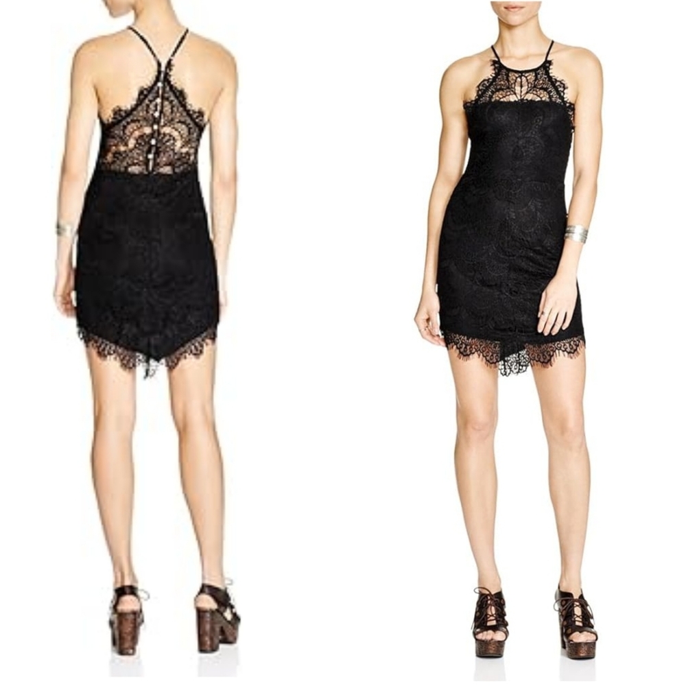 FREE PEOPLE Lace Mini Dress Slip Bodycon Eyelash Lace Halter Black LBD XS 0 2